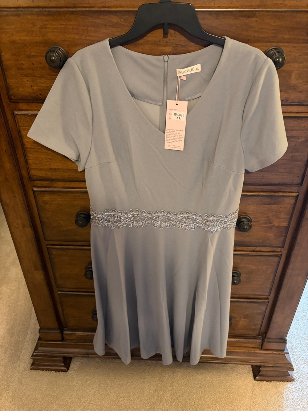 Sangria Light Blue Embroidered Waist Short Sleeve Dress